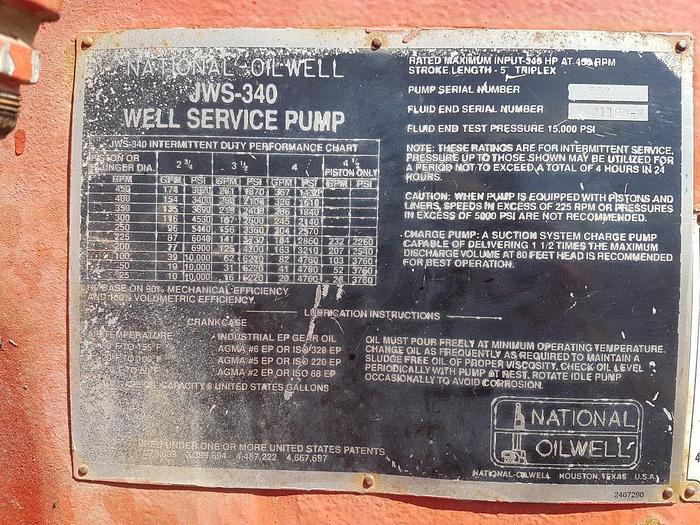 Used National JWS-340 Triplex Well Service Mud Pump
