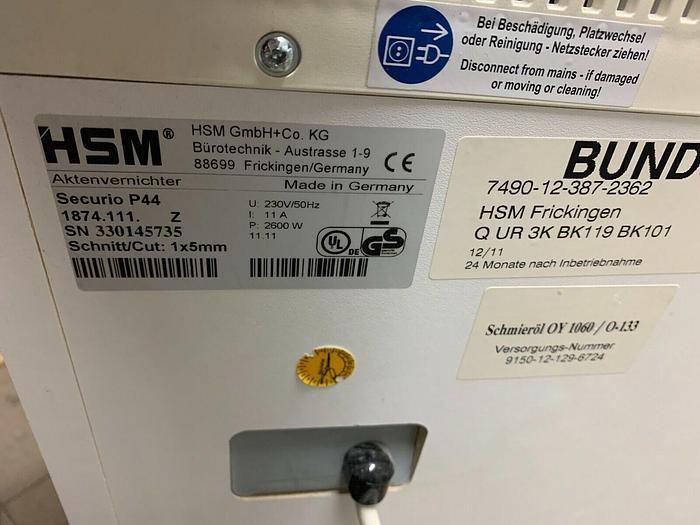 Used HSM Securio P44 , document shredder , tested / checked