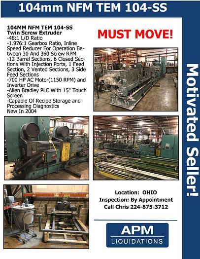 Used 2004 104MM NFM TEM-104SS Twin Screw Extruder, 48:1 L/D, 700 HP