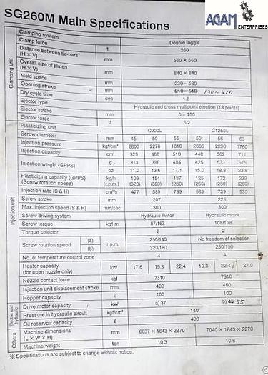 Used SUMITOMO SG260M INJECTION MOLDING MACHINE (CL 1250)