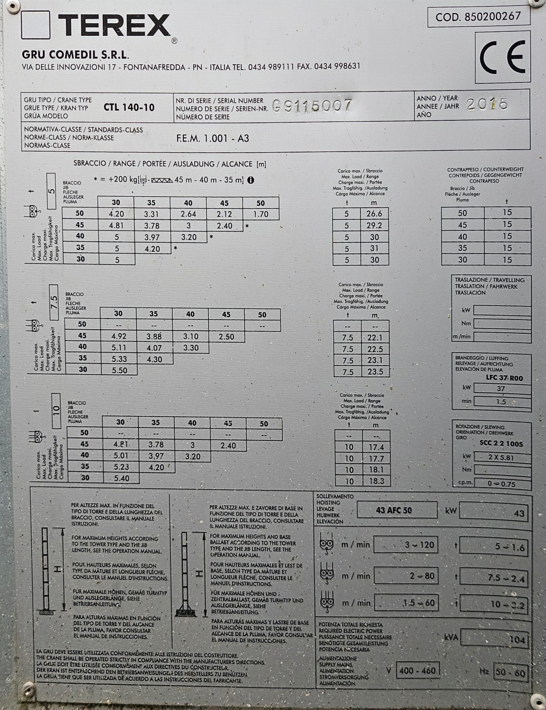 Used Terex CTL 140-10 Tower Crane