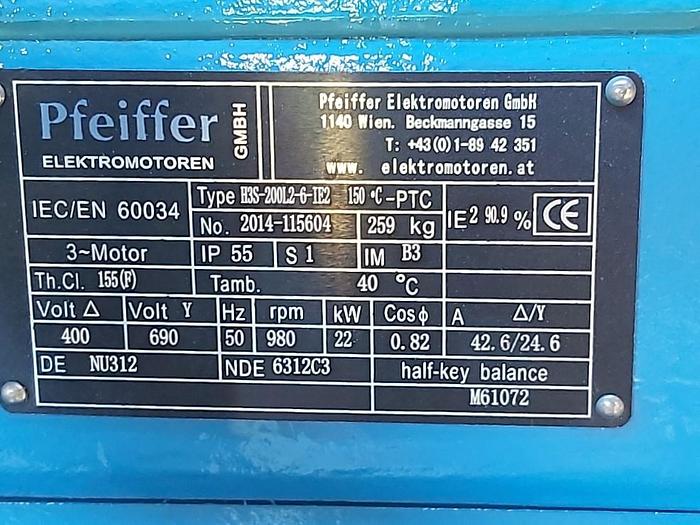Elektromotor mit Flansch und Fuss, H3S-200L2-6-IE2, 22KW, 980 rpm, Pfeiffer, neu -50%