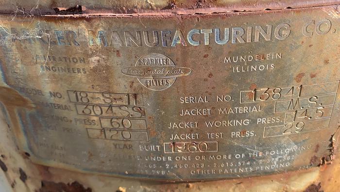 Used Filter, Pressure Leaf, 18 SF, S/st, Sparkler, VTHL, Jkt, #S736496