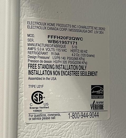 Used Frigidaire FFFH20F2QWC -10F 20.2 Cu. Ft. Upright Freezer 115V