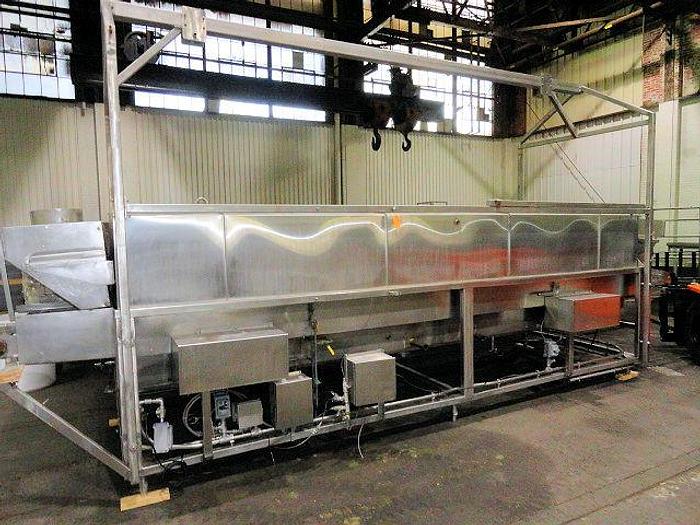 Used STEAM FIRED BLANCHER, 48" W X 16' LONG, OVERHEAD FRAMEWORK FOR HOISTING CANOPY, ALL STAINLESS STEEL M2003M