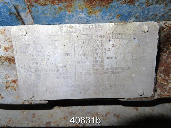 Used Siemens A/C Motor, 60 Hp, 3555 Rpm, 460 Volts #40831