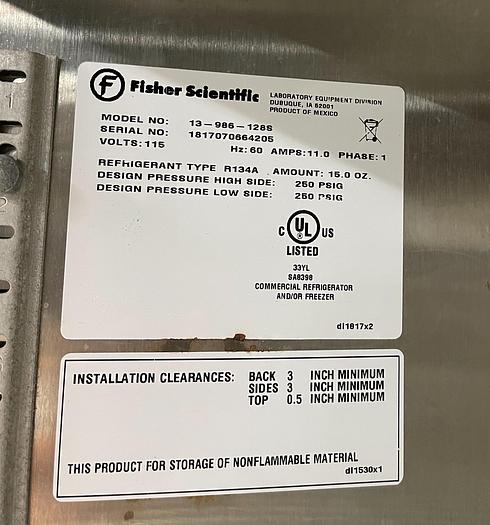 Used Fisher Scientific 13-986-128S Isotemp -10C° Two Glass Door Refrigerator 115V