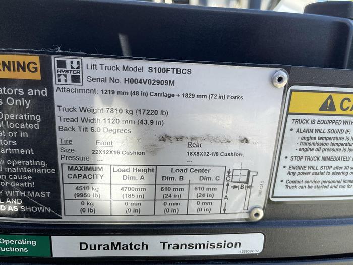 Used 10,000 POUND HYSTER MODEL S100FTBCS FORKLIFT 64" DIAMETER CASCADE CLAMP -PENDING