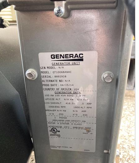 Used 2014 Generac 100 kW Natural Gas Generator Low Hours