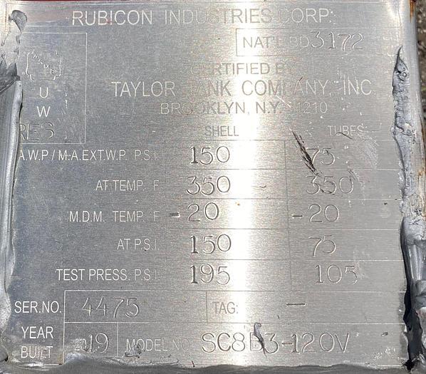 Used Used Rubicon Industries vertical approximately 70 square foot  304L stainless steel shell and tube Heat Exchanger