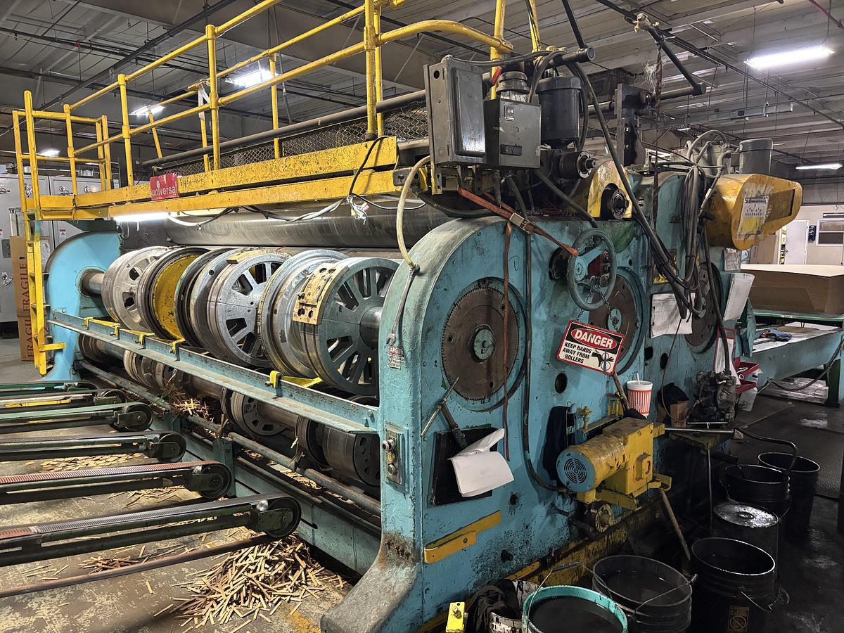 Used 86" x 185" Universal 2 color Flexo Rotary Slotter, Sauer tooling, Sheet Stacker