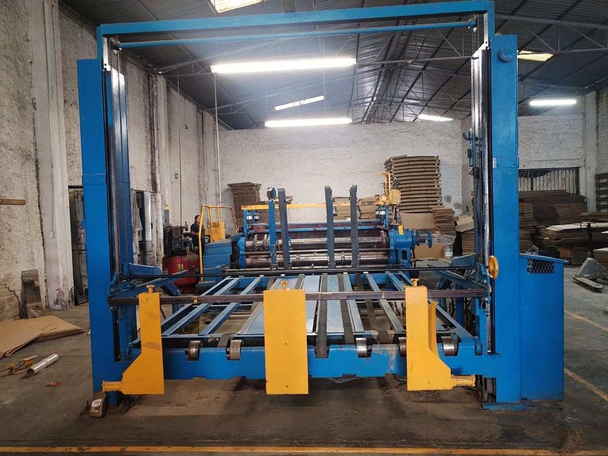 Used 52" x 122" Langston 2 color Printer Slotter, Kicker feed table, Sheet Stacker, in operation