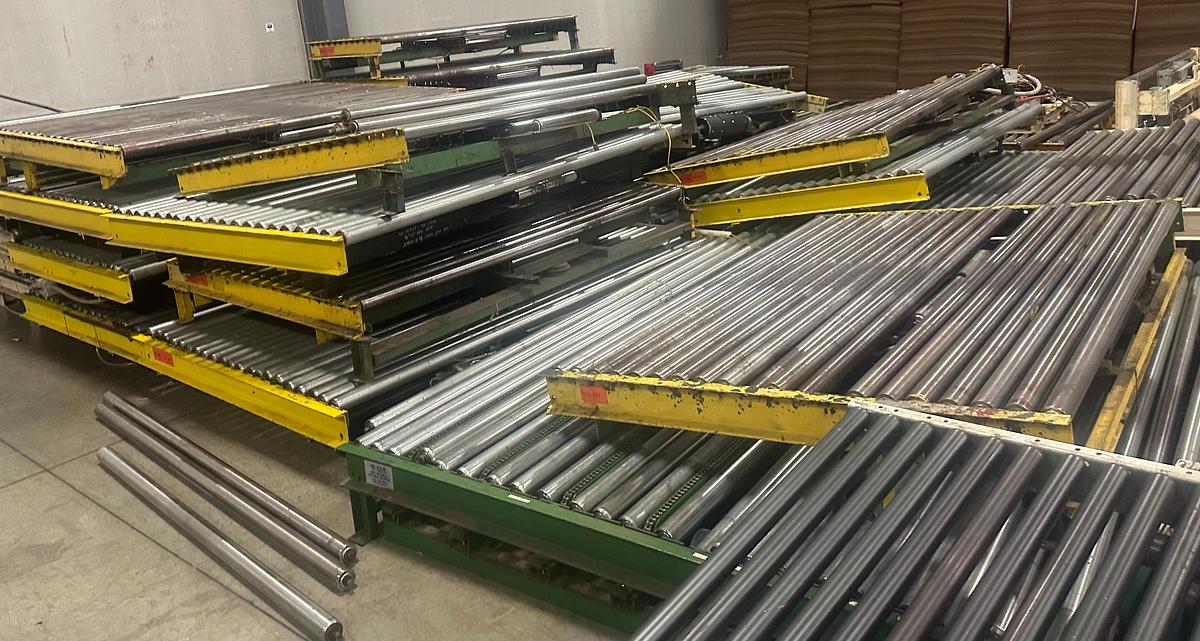 Used Powered conveyor for sale 150' with forklift pickups and chain transfers