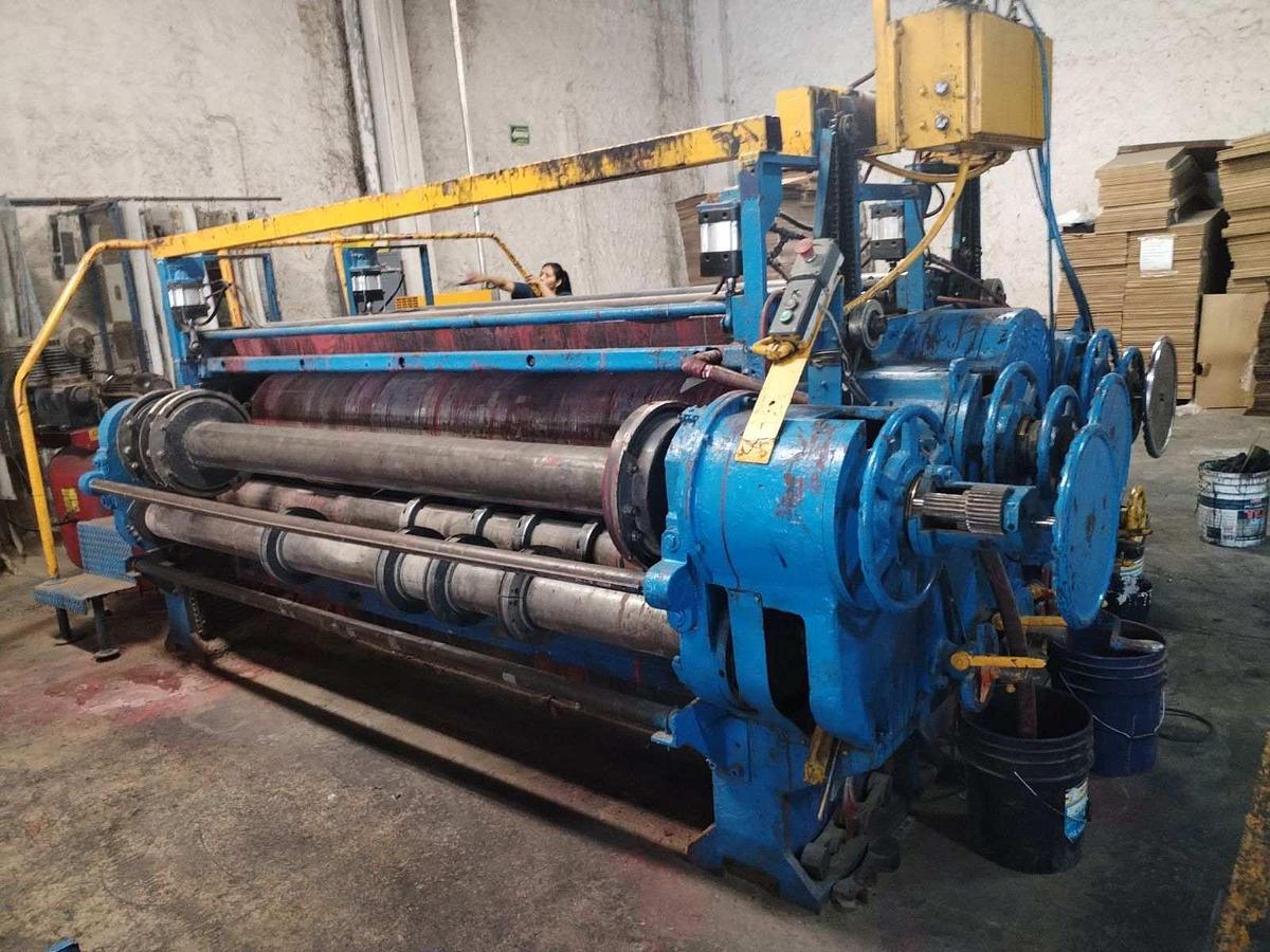 Used 52" x 122" Langston 2 color Printer Slotter, Kicker feed table, Sheet Stacker, in operation