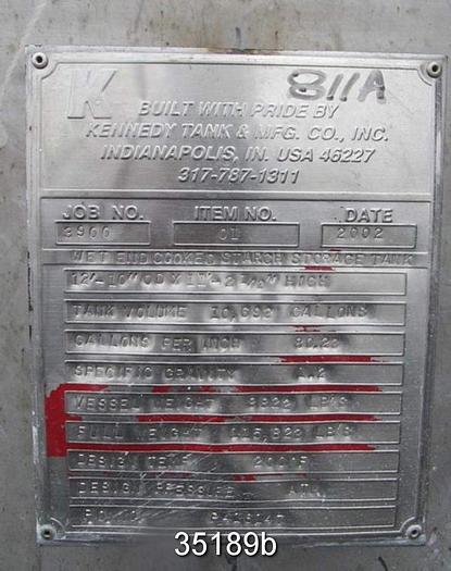 Used Kennedy Tank 10,000 Gallon Stainless Steel Tank, 12'10" x 11' Straight Side #35189
