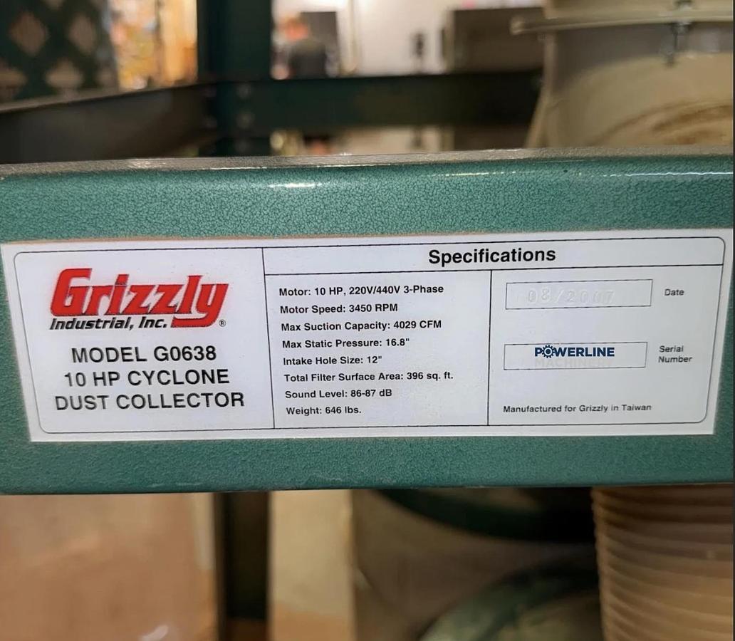 Used Grizzly G0638 10 HP Cyclone Dust Collector