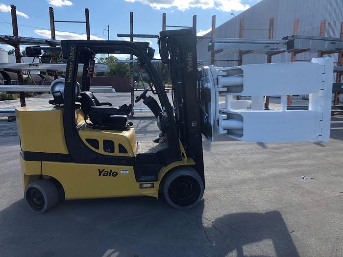 Used 12,000 POUND YALE ROLL CLAMP TRUCK MODEL GLC120VXPRS W/ 72" CLAMP MFG. 2015 RAISED MAST 185"