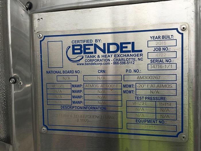 Used Unused Bendel approximately 1,200 gallon vertical 304 Stainless Steel quench tank