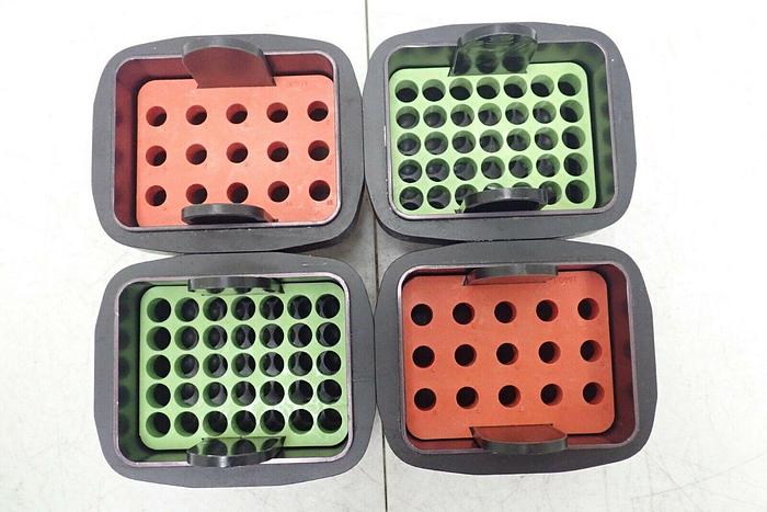 Used Set of 4 Sorvall 11053 Rotor Buckets with 2 00997 Red Inserts & 2 Green Inserts