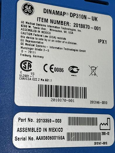 Used GE DINAMAP Pro 300V2 Patientenmonitor mit Schlauch, Blutdruckmanschette und SpO2 Fingersensor