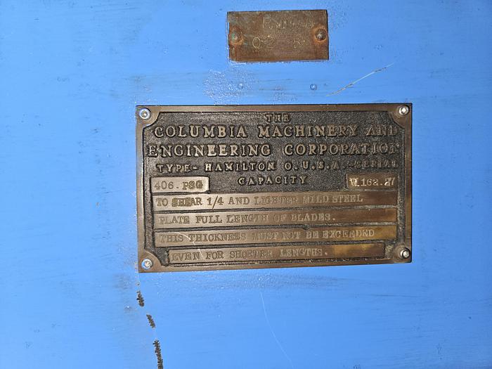 Used Clumbia 406PSG Power Shear Cuts 1/4" Mild Steel 92" Blade Length with Back Gauge