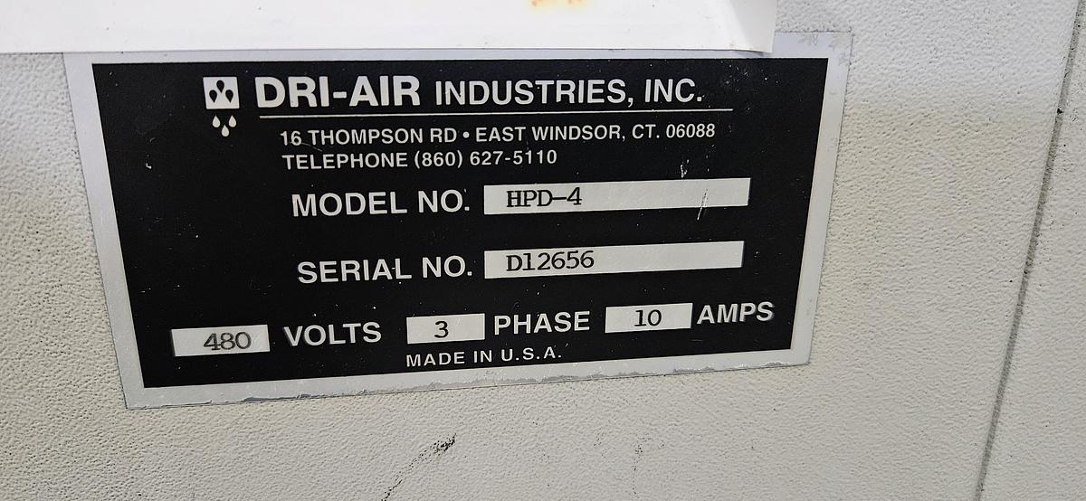 Used DRI-AIR HPD-4 HIGH-PERFORMANCE DESICCANT RESIN DRYER – RH150 150 LB STAINLESS STEEL HOPPER – DIGITAL DEW POINT CONTROL – 480V 3 PHASE – TESTED