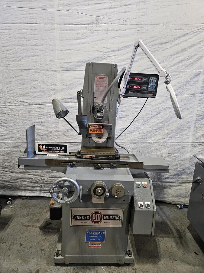 Used PARKER MAJESTIC 6" x 12" MANUAL SURFACE GRINDER – POWER Z-AXIS – DRO – ELECTRIC MAG CHUCK – SINGLE-POINT LUBE – DUAL VOLTAGE – EXCELLENT CONDITION