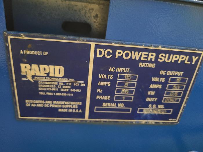 Used Rapid 50 Amp 12 Volt DC Plating Rectifier Power Supply 110 Volt