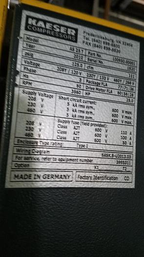 Used  Kaeser Compressor 25 HP with Intergrated Dryer and Tank 2010 