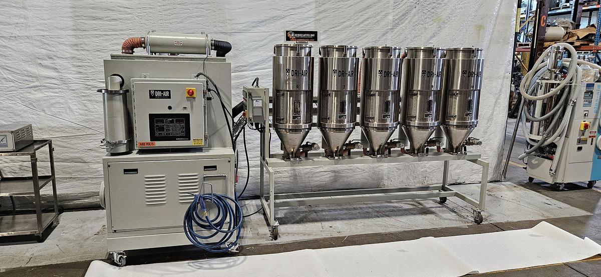 Used DRI-AIR HP4-X300 CENTRAL DESICCANT RESIN DRYING SYSTEM – (5) RH60 STAINLESS STEEL HOPPERS – HIGH TEMPERATURE CONFIGURATION- FOR INJECTION MOLDING – 480V / 3 PHASE