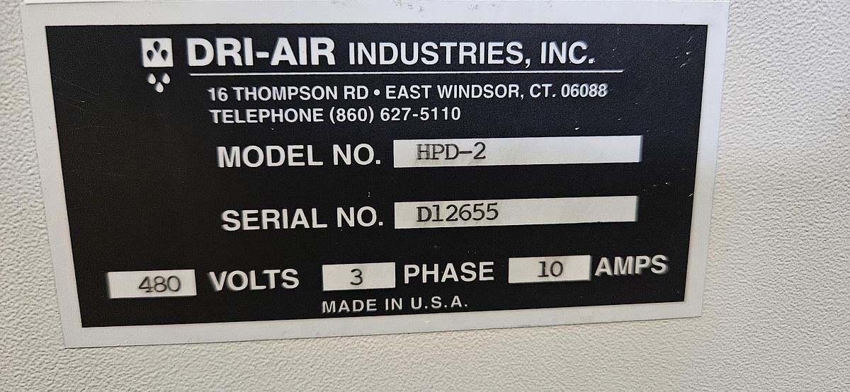 Used DRI-AIR HPD-2 HIGH-TEMP DESICCANT RESIN DRYER – RH60 60 LB STAINLESS STEEL HOPPER – NO-SPILL RECEIVER – PNEUMATIC VACUUM LOADER – DIGITAL DEW POINT CONTROL – 480V 3 PHASE – TESTED