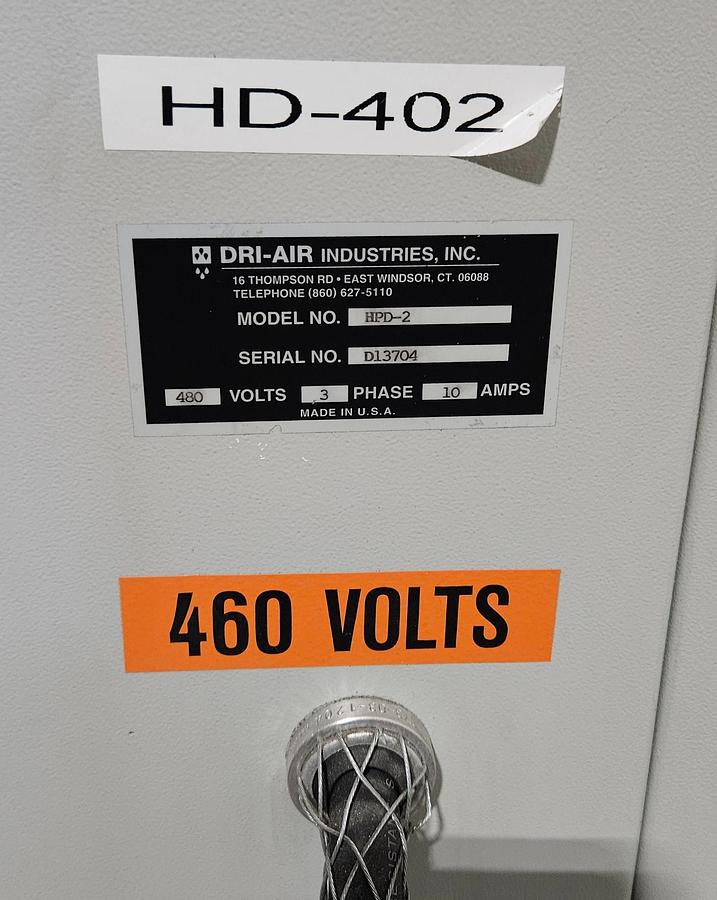 Used DRI-AIR HPD-2 HIGH TEMPERATURE DESICCANT RESIN DRYER – 60 LB STAINLESS HOPPER – ADVANCED DIGITAL CONTROL – 480V – TESTED & RUNNING