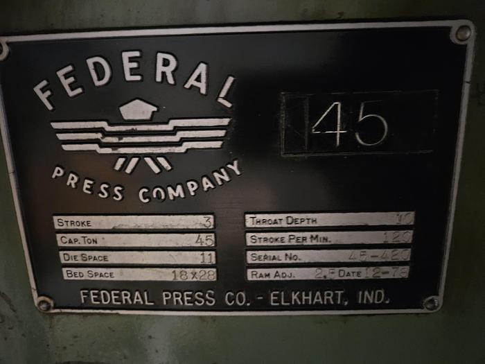 Used Federal 45 Ton Stamping Punch Press Air Clutch & Brake 220V