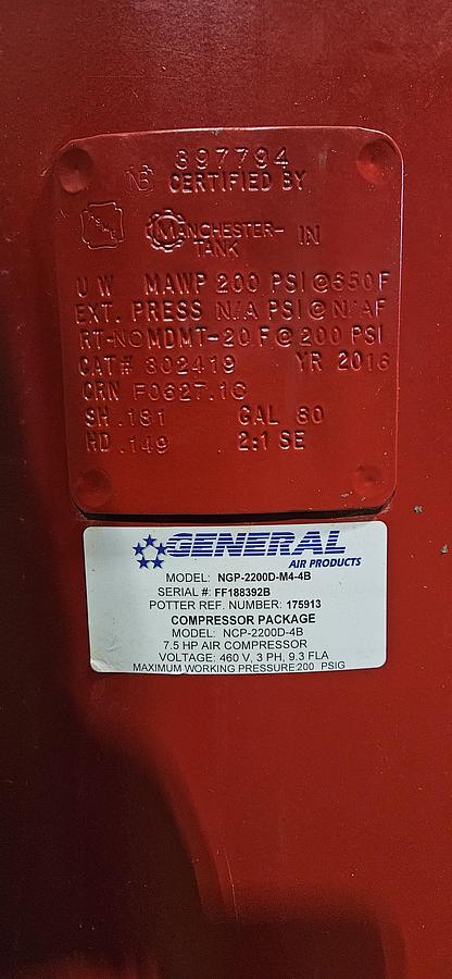 Used GENERAL AIR PRODUCTS NCP-2200D-4B AIR COMPRESSOR PACKAGE – 7.5 HP – 60 GALLON TANK – 200 PSI – AFTERCOOLER EQUIPPED