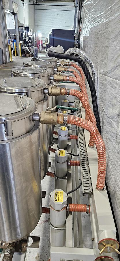 Used DRI-AIR HP4-X300 CENTRAL DESICCANT RESIN DRYING SYSTEM – (5) RH60 STAINLESS STEEL HOPPERS – HIGH TEMPERATURE CONFIGURATION- FOR INJECTION MOLDING – 480V / 3 PHASE