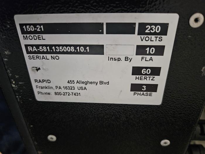 Used Rapid Model 150-21 Plastic Grinder Granulator 6 x 8 inch Throat 3 HP 220V 3Phase