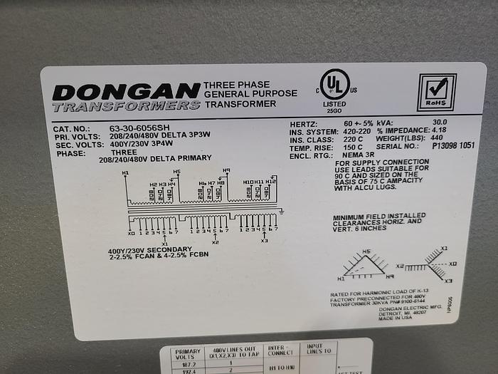 Used Dongan 30 KVA 3 Phase Transformer 208/240/480 Primary 400Y/230 Secondary Tested!