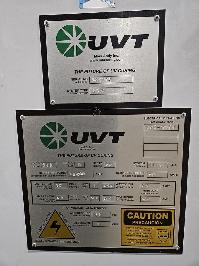 Used MARK ANDY / UVT MAXIM SLS UV CURING SYSTEM 240V • 3-Phase • 12" Lamp • 400 W/In • Blower & Control Cabinet