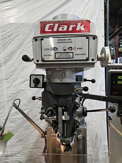 Used Clark Variable Speed Milling Machine DRO Power Feed Rotating Vise & Collets