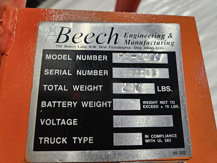 Used Beech Presto Electric Lift Truck with Roller Table Slide Heavy Items 70 inch max height 12 volt with charger