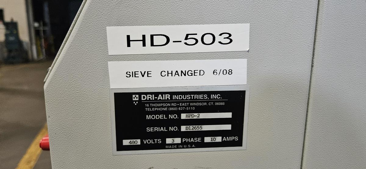 Used DRI-AIR HPD-2 HIGH-TEMP DESICCANT RESIN DRYER – RH60 60 LB STAINLESS STEEL HOPPER – NO-SPILL RECEIVER – PNEUMATIC VACUUM LOADER – DIGITAL DEW POINT CONTROL – 480V 3 PHASE – TESTED