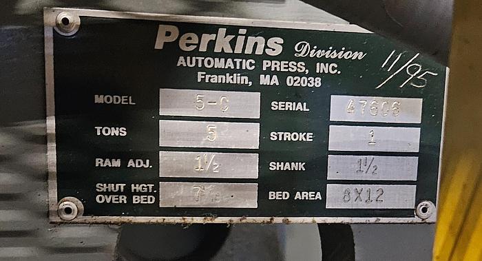 Used 3 Ton Perkins Punch Press, Air Clutch & Air Brake, with Palm Buttons