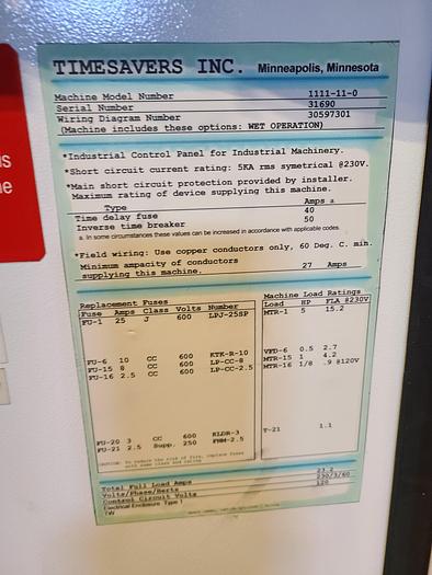 Used Timesavers Model 1111-11-0 Dry or Wet Conveyor 9" Belt Sander Mini Belt Semi Automatic
