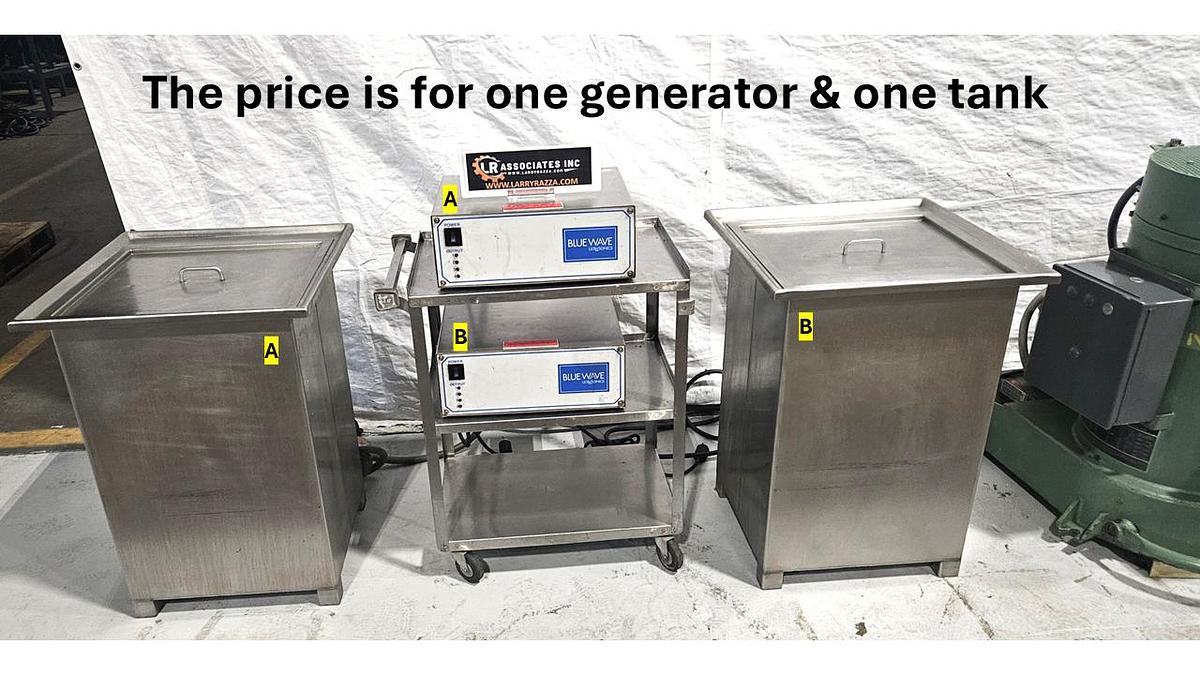 Used BLUE WAVE ULTRASONICS INDUSTRIAL HEATED STAINLESS STEEL ULTRASONIC CLEANING SYSTEM – 220V SINGLE PHASE – TESTED & WORKING – SOLD AS MATCHED GENERATOR / TANK PAIRS