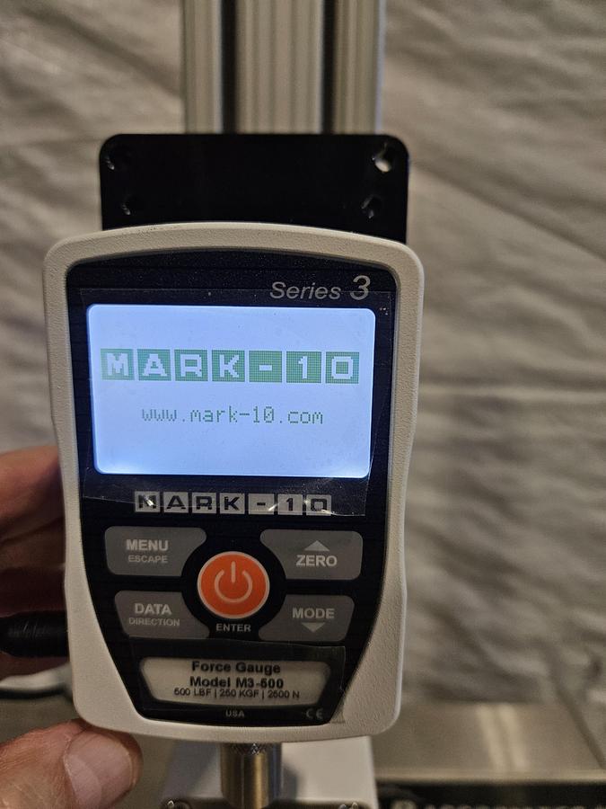 Used MARK-10 MANUAL FORCE TEST STAND WITH SERIES 3 DIGITAL FORCE GAUGE – MODEL M3-500 – 500 LBF / 250 KGF / 2500 N – EXCELLENT CONDITION