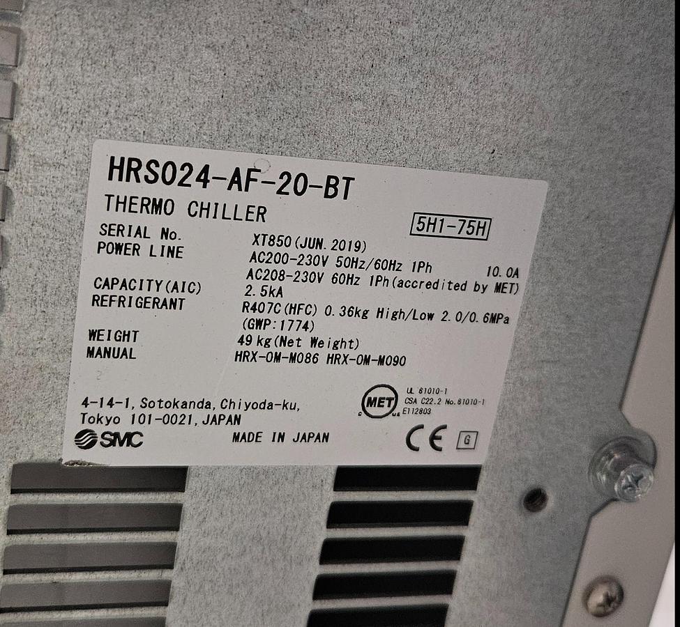 Used SMC HRS024-AF-20-BT THERMO CHILLER – 2.5 kW COOLING CAPACITY – 208-230V SINGLE PHASE – 2019 – MADE IN JAPAN – TESTED