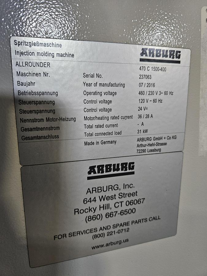 Used 2016 Arburg 470 C 1500-400 Golden Edition 165 Ton 6.5 oz. Allrounder Injection Molding Machine PRISTINE!!!