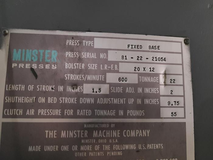 Used Minster B1 22 Ton Punch Press Air Clutch Air Brake