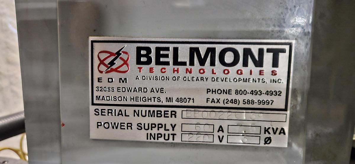 Used BELMONT TECHNOLOGIES CNC SINKER EDM – 60 AMP POWER SUPPLY – ORBITAL EDM HEAD – DROP TANK – FIRE SUPPRESSION – 220V 3 PHASE