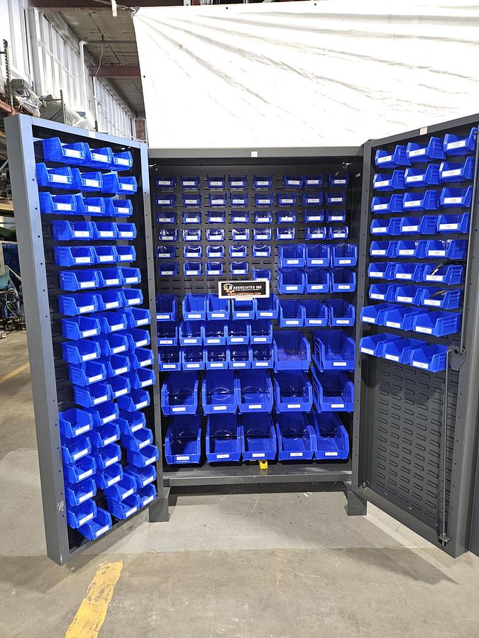 Used ULINE Heavy-Duty Steel Bin Storage Cabinet – holds 168 Blue Bins – 48" W × 24" D × 78" H with Plastic Bins... Pristine!!